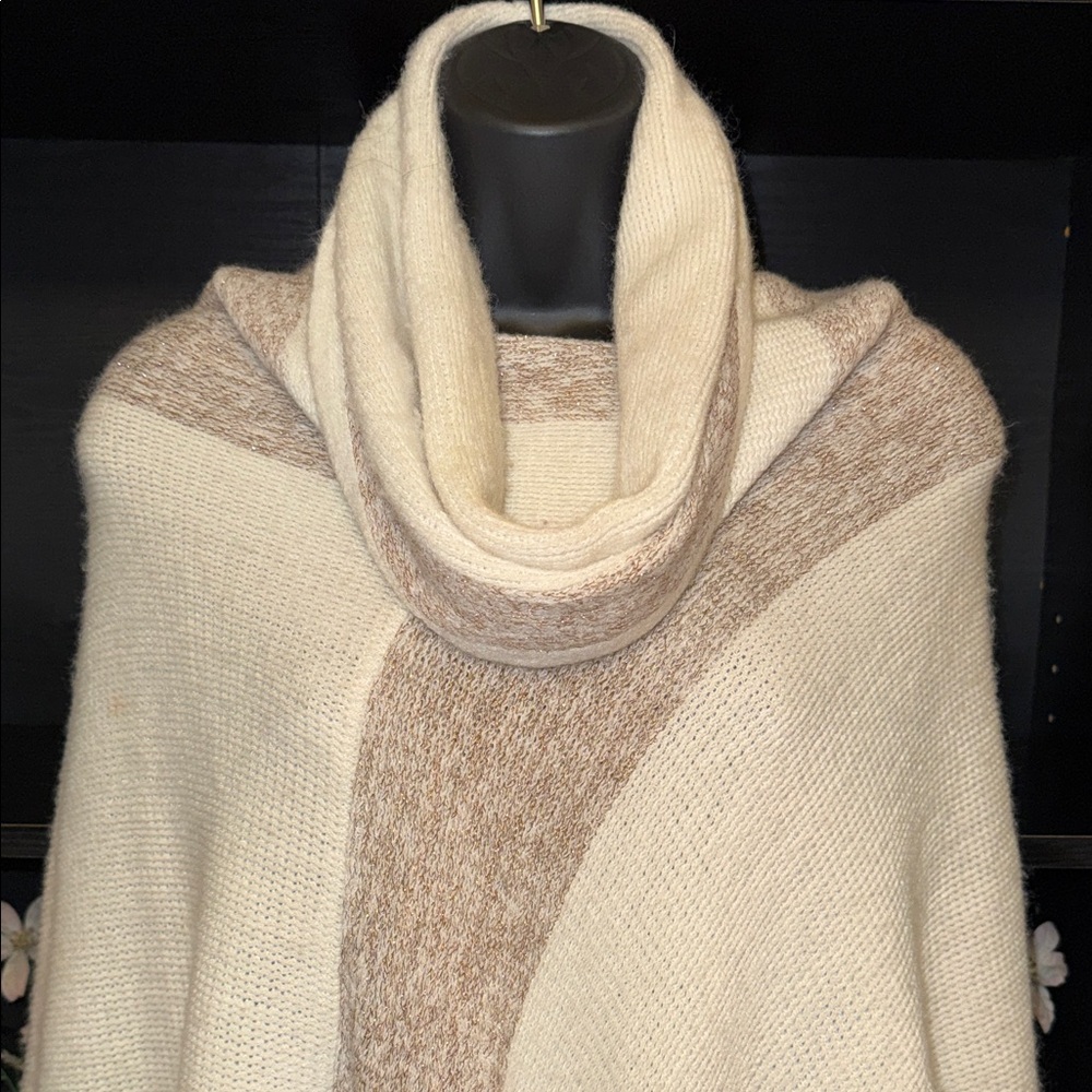 SOLD…Elegant Cream & Gold Cow Neck Sparkling Knit Poncho with Fringes